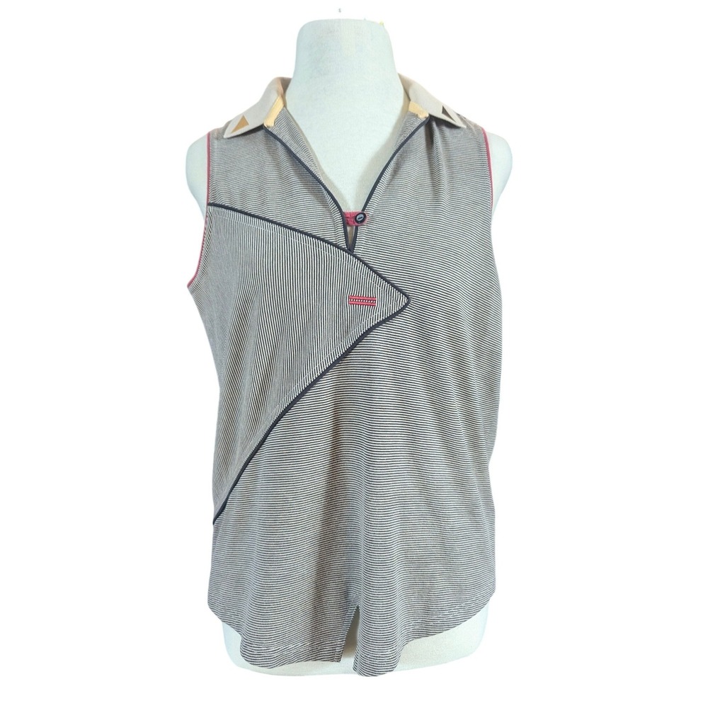 Jamie Sadock Polo Shirt Women M Tan Striped Sleeveless Asymmetric Golf Top